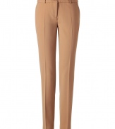 Luxurious pants made ​.​.of fine, camel wool stretch in the new, cropped length - Short waistband with small loops - Narrow legs with creases, especially comfortable thanks to the stretch content - A  figure knockout, yet beautifully elegant and simple - Brilliant for 24/7 - Wear these pants with a blouse and cardigan in the office and in the evening with a chiffon blouse and biker jacket
