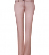 Stylish pants in fine blush pink acetate and nylon stretch blend - Elegant, satin-like sheen - Modern silhouette: low-waisted, slim fit, cropped at the ankle - Chic crease detail at front, belt loops, double welt pockets at back - A versatile and polished pant that easily goes from day to night - Ideal for the office, cocktails and evening events - Pair with a silk blouse or paillette top and cropped leather jacket - Style with ankle booties or platform heels