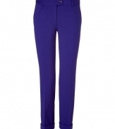Elegant pants in fine, violet rayon and nylon blend - Modern cut is fitted and ultra-flattering - On-trend, cropped style with cuffed ankle - Tab waist with button closure and belt loops - Side and single back pockets - Crease detail creates a longer and leaner silhouette - A truly versatile pant that is both sexy and sophisticated - Great for the office, parties and leisure - Style with a sequined top and blazer for a night out, or pair with a button down, cardigan and ballet flats for a more casual look
