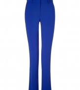 Stylish pants in fine, bright blue wool blend - Truly comfortable, thanks to a touch of stretch - Slim cut flares gently at hem, crease detail accentuates a long, lean silhouette - Tab closure, with zip fly and belt loops - Medium rise, with chic, single white button and contrast white fabric trim at back pocket - Versatile and polished, an indispensable basic -  Style with light cashmere pullovers, silk blouses and draped tops
