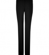 Luxe trousers in fine, black virgin wool stretch blend - Slim, streamlined silhouette - Crease detail from thigh to hem flatters and elongates the leg - Gently flared boot cut - Single welt button pockets at rear - Medium-low rise, with zip fly and tab closure - Perfect for work and play - Style with a blazer and silk blouse by day, and dress up with a sequin top and cropped leather jacket at night