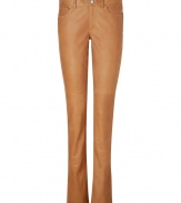 Luxe pant in ultra-supple, tan lambskin - Soft, superb quality material feels incredible and looks just as good - Modern, slim boot cut - Medium rise, with five pockets, belt loops and button closure - Sexy and sophisticated, great for both work and play - Pair with a silk blouse and blazer or a light cashmere cardigan