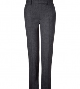 Elegant pant in fine, black wool stretch blend - Slim, ultra-feminine silhouette - Higher rise with a wide waistband and belt loops - Crease detail extends from thighs to hem, flattering and elongating the leg - Side pockets at hips, welt pockets at rear - Modern cut crops at ankle - Easily transitions from day to evening - Style with a silk blouse, cropped leather jacket or blazer and platform pumps