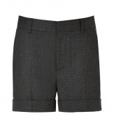 Elegant shorts in fine, black wool blend - Truly comfortable, thanks to a touch of stretch - Ultra-slim, cuffed style hits mid-thigh - Medium-width waist with belt loops - Pockets at either side, welt pockets at rear - Flattering crease detail at front - Polished and chic, a cool weather must in any wardrobe - Pair with tights, a tunic top or cardigan and ankle booties