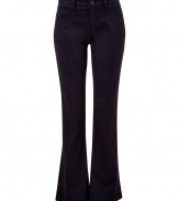 Abandon the all-black attire and add these dark grey flared pants from Theory into your wardrobe repertoire for a cool, urbane look - Zip and button closure, belt loops, front pockets, back welt pockets, slim fit with a flared leg - Pair with a blouson top, a bold-shouldered blazer, and stacked heel boots