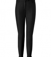 Stylish pant in fine, black cotton stretch blend - On-trend, modified chino cut with straight legs and chic zipper embellishment at hem - Crease detail at front flatters and elongates the silhouette - Tab waist and belt loops - Slash pockets at sides, welt pockets at rear - Medium low rise - Classically chic and comfortable, ideal for both work and play - Pair with a blouse, blazer and heels, or go for a more casual look with a t-shirt oversize cardigan and ballet flats