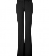 Luxurious trousers of fine black cotton-viscose - Slight stretch creates wearable comfort - Modern silhouette features narrow legs with flared bottoms - Moderately high waist and flat front - Fashionable look perfect for the office, or in the evenings - Basic piece pairs nicely with blouses, cardigans and heels