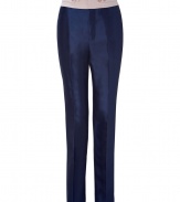 Add instant sophistication to your look with these luxe tuxedo-style silk pants from Marc by Marc Jacobs - Contrasting wide waistband with button tab details, front crease, on-seam pockets, back welt pockets with buttons, slim fit - Pair with a sheer blouse, platform pumps, and a statement clutch