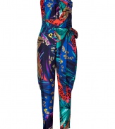 Inject edgy glamour into your summer-ready look with this luxe silk jumpsuit from Salvatore Ferragamo - Strapless, bustier style top, draped front detail, self-tie waist belt, draped waist, cropped straight leg fit, relaxed silhouette, all-over print - Pair with platform pumps, a leather jacket, and an embellished clutch