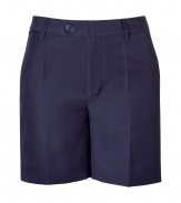 Stylish shorts in dark blue synthetic fiber - Lean, slightly longer cut hits above the knee - Higher waisted, with belt loops, zip fly and button tab closure - Welt pockets at rear, slash pocket at sides - Crease detail flatters and elongates the silhouette - Casually elegant and versatile, easily dressed up or down - Pair with a blouse, denim jacket and flat sandals by day, or with a silk top, blazer and wedges at night