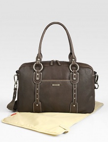 Durable cowhide leather bag features a removable thermo-insulated bottle holder, padded changing mat, key-ring clip and individual compartments for baby's necessities, including a cell phone compartment. Adjustable, removable shoulder strap, 22 drop Top zip closure 11H X 17½W X 5½D Imported Durable cowhide leather bag features a removable thermo-insulated bottle holder, padded changing mat, key-ring clip and individual compartments for baby's necessities, including a cell phone compartment. Adjustable, removable shoulder strap, 22 drop Top zip closure 11H X 17½W X 5½D Imported