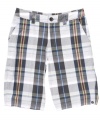 A preppy plaid print counters the low-key cool of these shorts from Quiksilver.