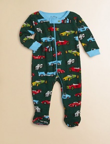 Jalopies, roadsters and racers in bright colors zoom all over this cozy cotton footie for your little speed demon.Ribbed crewneckSnap neck tabFront and leg zipperLong sleeves with contrast ribbed cuffsFeet with non-slip dots on solesCottonMachine washImported