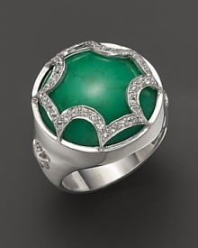 This bold chrysophrase dome ring, set in sterling silver, gets a dramatic finish with a white sapphire Maltese cross. By Elizabeth Showers. This bold chrysophrase dome ring, set in sterling silver, gets a dramatic finish with a white sapphire Maltese cross. By Elizabeth Showers.