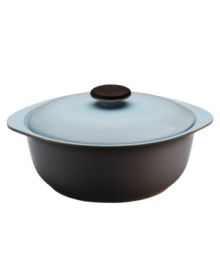 Handsome and understated from Denby dinnerware. Dishes, like the Sienna casserole, feature a matte mocha surface with a glazed blue lid and interior for smart-casual style with steaming hot entrees. Handsome and understated from Denby dinnerware. Dishes, like the Sienna casserole, feature a matte mocha surface with a glazed blue lid and interior for smart-casual style with steaming hot entrees.