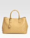 Luxe ostrich skin in a top-handle carryall.Double top handles, 5 dropTop snap closureProtective metal feetOne inside zip pocketThree inside open pocketsLeather lining14W X 10¼H X 7DMade in Italy