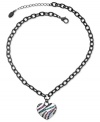 Show your love for GUESS with this colorful necklace style. It highlights a heart pendant adorned with rainbow accents and white epoxy. Crafted in silver tone mixed metal. Approximate length: 16 inches + 2-inch extender. Approximate drop: 1 inch.