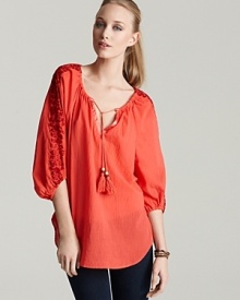 Intricate embroidery at the sleeves lends a luxe bohemian feel to this gauzy Ella Moss tunic. Intricate embroidery at the sleeves lends a luxe bohemian feel to this gauzy Ella Moss tunic.