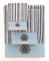 Sweet serenity. Offering a romantic and elegant composition for your bath space, this Aquarelle Embroidery bath towel features beautiful stripes in soft blue hues. Embellished with subtle embroidery along the hem.