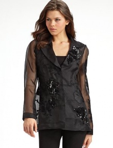 THE LOOKNotched collar Long sleeves Concealed snap front Sheer silk chiffon Floral embroidery with sequin embellishmentTHE FITAbout 27 from shoulder to hemTHE MATERIALSilkCARE & ORIGINDry clean Imported 