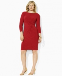 Fluid matte jersey with a hint of stretch creates a body-contouring silhouette in this plus size Lauren by Ralph Lauren look,  complete with a graceful boat neckline and gathered knot accent at the hip for a chic, elegant look.