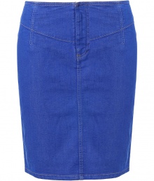 Mid blue tight denim pencil skirt - zipper at the front - Darts at waist create a great nipped in look - wear during the day with a tucked-in shirt - wear at the office or after work with a chic cropped jacket or blazer - create longer looking legs by wearing ankle boots or platform booties