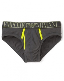 From Emporio Armani, ultra-soft cotton briefs framed by a wide logo waistband and contrast trim at the fly. From Emporio Armani, ultra-soft cotton briefs framed by a wide logo waistband and contrast trim at the fly.