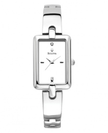 Your silver lining. Refined watch by Bulova crafted of polished stainless steel bangle bracelet and rectangular case. Dial features applied silver-tone stick indices at three, six, and nine o'clock, logo at twelve o'clock and two hands. Quartz movement. Water resistant to 30 meters. Three-year limited warranty.