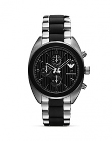 A hard-hitting take on sporty style, Emporio Armani's bold black-faced chronograph is an athletic add-on. Wear it to work or to work out; it will be on-trend anywhere you fasten it.