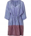 Luxe caftan in fine, pure colorblocked purple printed silk - Supremely soft, lightweight material - Perennially chic, contrast stripe motif - Deep v-neck and wide, 3/4 sleeves - Gathered, drawstring waist and tie detail at shoulders - Relaxed cut, hits mid-thigh - Perfect for the beach, holidays and leisure - Pair with a bikini, flat sandals or wedges and a raffia tote