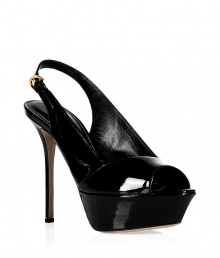 Super sexy black patent platform sandals from Sergio Rossi - Conjure you inner sex kitten in these undeniably sultry heels - Patent leather with front platform and stiletto heel - Pair with fishnets, a pencil-cut sheath dress, and a statement necklace