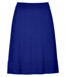 Colorblock your look with a chic feminine edge in Missoni Ms characteristic textural knit dark blue skirt - Flat elasticized waistband, contrast patterned border around hemline, black satin lining - Fitted waist, flared silhouette - Wear with a bright knit top and sophisticated heels