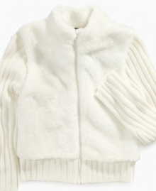 Give her the look of luxury with this faux-fur full zip sweater from Forever and Ever. Give her the look of luxury with this faux-fur full zip sweater from Forever and Ever.