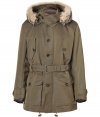 The classic parka gets a high-style redux with this luxe iteration from British heritage brand Belstaff - Fur-trimmed hood, concealed zip closure with front button placket, long sleeves with belted cuffs, flap pockets, internal drawstring for customized fit, classic fishtail hem with toggle, full snap-in chocolate quilted lining - Slim fit - Pair with straight leg jeans, a cashmere pullover, and retro-inspired trainers