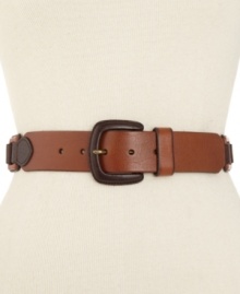 Subtle color blends wonderfully on this classic leather belt from Fossil. Added hinges wrapped in rich leather bring rustic and unique style. Subtle color blends wonderfully on this classic leather belt from Fossil. Added hinges wrapped in rich leather bring rustic and unique style.