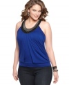 Enjoy your night out with ING's sleeveless plus size top, finished by a beaded neckline and banded hem.