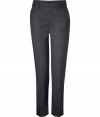 Elegant pant in fine, black wool stretch blend - Slim, ultra-feminine silhouette - Higher rise with a wide waistband and belt loops - Crease detail extends from thighs to hem, flattering and elongating the leg - Side pockets at hips, welt pockets at rear - Modern cut crops at ankle - Easily transitions from day to evening - Style with a silk blouse, cropped leather jacket or blazer and platform pumps