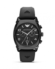Built for high performance and style, Emporio Armani's matte black watch is a sporty choice. Whether worn with pinstripes or something splashier, this chronograph can keep up. Built for high performance and style, Emporio Armani's matte black watch is a sporty choice. Whether worn with pinstripes or something splashier, this chronograph can keep up.