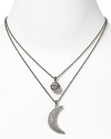 ABS by Allen Schwartz has adorned this double layer chain necklace with a crystal-encrusted moon and stud pendant, for a chic celestial twist. Slip this pendant on after dark with simple studs and light up the night.