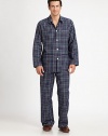 Two-piece set, shaped for hours and hours of comfort, in remarkably soft, breathable cotton. Flannel/brushed cotton. Machine wash. Imported.SHIRTButton frontChest, hip pocketsPANTTwo-button elastic waistInseam, about 31