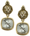 Cushion-cut crystals are adorned by ornate scroll disks with glittering crystal accents on these Essentials collection drop earrings from T Tahari. Nickel-free for sensitive skin. Set in 14k gold-plated mixed metal. Approximate drop: 1-1/2 inches.