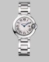 Distinctive stainless steel design with blue hands and large Roman numeral dial.Cartier caliber 057 quartz movement Water resistant to 100 feet Stainless steel case, 28.6mm, (1.1) Silver opaline dial Roman numeral markers Blue steel hands Stainless steel bracelet Made in Switzerland