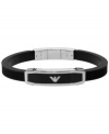 Status symbol. This Emporio Armani men's bracelet features the company logo set in black onyx (40 mm x 10 mm). Bracelet band is crafted from silicone with a stainless steel setting and clasp. Approximate length: 8 inches.