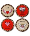 Who's naughty or nice? This ceramic coaster set from Betsey Johnson fits both personalities. Each coaster has leopard trim along the edge for a wild touch, whether you're feeling good or bad. Items come packaged in a signature Betsey Johnson Gift Box. Approximate diameter: 3-1/2 inches.