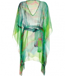 Luxe caftan in ultra-fine pure, green silk - Diaphanous, airy chiffon drapes beautifully - Vibrant, exotic multicolor print - Deep V-neck and dramatic, oversize batwing sleeves - Tie belt cinches waist - Mini style hits well above the knee - Sensuous and glamorous, a must for your next getaway - Pair with white jeans and sandals or your favorite bikini Luxe caftan in ultra-fine pure, green silk - Diaphanous, airy chiffon drapes beautifully - Vibrant, exotic multicolor print - Deep V-neck and dramatic, oversize batwing sleeves - Tie belt cinches waist - Mini style hits well above the knee - Sensuous and glamorous, a must for your next getaway - Pair with white jeans and sandals or your favorite bikini