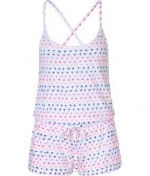 Add quirky-cool style to your casual look with this mini palm tree printed sleep romper from Juicy Couture - Round neck, adjustable spaghetti straps with back crisscross detail, elasticized waistrnBlouson top, mini length shorts, all-over palm tree print - Pair with fuzzy slippers and a robe for stylish lounging Add quirky-cool style to your casual look with this mini palm tree printed sleep romper from Juicy Couture - Round neck, adjustable spaghetti straps with back crisscross detail, elasticized waistrnBlouson top, mini length shorts, all-over palm tree print - Pair with fuzzy slippers and a robe for stylish lounging