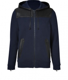 Detailed with slick tonal paneling, Marc by Marc Jacobs navy hoodie is an edgy way to dress up laid-back looks - Drawstring hood, long sleeves, zippered cuffs, zippered front pockets, zippered front - Slim fit - Wear with jeans and biker-style boots Detailed with slick tonal paneling, Marc by Marc Jacobs navy hoodie is an edgy way to dress up laid-back looks - Drawstring hood, long sleeves, zippered cuffs, zippered front pockets, zippered front - Slim fit - Wear with jeans and biker-style boots