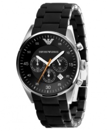 Classic style with a modern edge. This Emporio Armani watch features a black silicone-wrapped stainless steel bracelet and round case. Black chronograph dial with silvertone stick indices and numerals, logo, date window and three subdials. Analog movement. Water resistant to 50 meters. Two-year limited warranty. Classic style with a modern edge. This Emporio Armani watch features a black silicone-wrapped stainless steel bracelet and round case. Black chronograph dial with silvertone stick indices and numerals, logo, date window and three subdials. Analog movement. Water resistant to 50 meters. Two-year limited warranty.