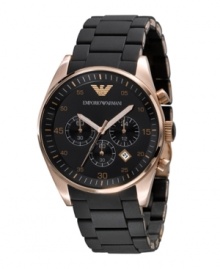 A sport watch that puts equal emphasis on style, by Emporio Armani. Black silicone-wrapped stainless steel bracelet and round rose-goldtone case. Black chronograph dial features printed minute track, date window, three subdials, logo and rose-goldtone hands. Quartz movement. Water resistant to 50 meters. Two-year limited warranty.