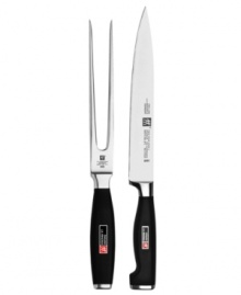 Be the star carver with this impressive set from Henckels. Perfectly forged for precise slicing of poultry and roasts, each piece features an exclusive permanently bonded handle, providing impeccable weight and balance. The hand-honed blade, made of exclusive high-carbon no-stain steel, is razor-sharp with a cutting edge that's stays stronger, longer. Full warranty. Be the star carver with this impressive set from Henckels. Perfectly forged for precise slicing of poultry and roasts, each piece features an exclusive permanently bonded handle, providing impeccable weight and balance. The hand-honed blade, made of exclusive high-carbon no-stain steel, is razor-sharp with a cutting edge that's stays stronger, longer. Full warranty.